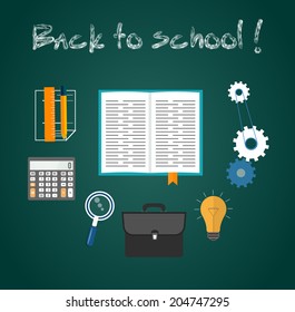 Back to school concept with item icons. Book calculator briefcase