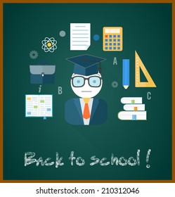Back to school concept with item icons. Book calculator briefcase