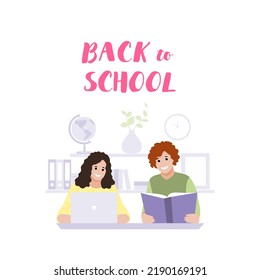 Back To School Concept. Kids With Computer , Books. Remotely Education. Online Studying. Active Social Life. Support Talk. Online Communication. Online Shopping