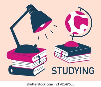 Back to school concept. Lamp on the books, globe on the books