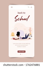 Back to school concept landing page. African girl with laptop. Smart students. Women cartoon character. Mobile template. Modern vector illustration in flat style.