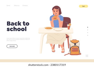 Back to school concept for landing page template with happy schoolgirl character eating at canteen