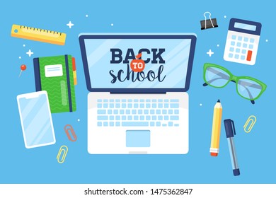 Back to school concept with laptop computer and school supplies. Vector illustration