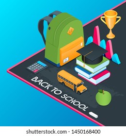 Back to school concept. Layout of school stationery, backpack, calculator, books, school bus. Isometric vector illustration