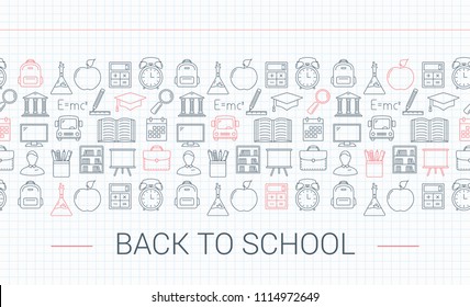 Back to school concept, line icons in copybook, vector eps10 illustration