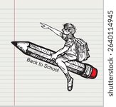 Back to school concept and little boy sitting on pencil is flying in the sky.