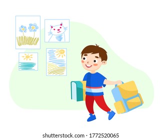 Back to School Concept, Little Boy with Books and Rucksack Come to Study, Get Education and Knowledge. Kid Character Little Baby Visiting College or Preschool for Learning. Cartoon Vector Illustration