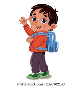 Back to school concept, a little boy with a backpack looks at us and waves his hand and smiling. Vector illustration.