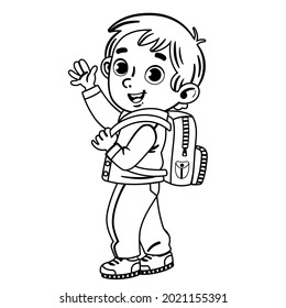 Back to school concept, a little boy with a backpack looks at us and waves his hand and smiling. Black and white vector illustration.