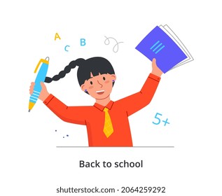 Back to School concept. Little girl holds notebook and pen. Character goes to class for lesson. Write letters and numbers for learning and memorization. Cartoon modern flat vector illustration