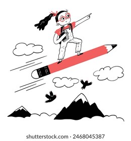 De vuelta al concepto de la escuela y la niña pequeña sentada en el lápiz está volando en el cielo. Ilustración vectorial de garabato dibujado a mano