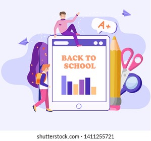 Back to school concept, man sitting on tablet, student with bagschool, around education icons and elements pencil, ruler, magnifier. Flat cartoon vector illustration for web pages, landing, postcard.