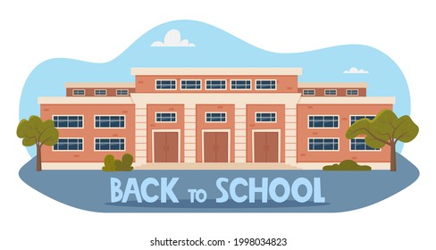 Back To School concept. Modern School Building Exterior. Facade of high school building with large windows. Design for flyer, banner, card. Vector illustration
