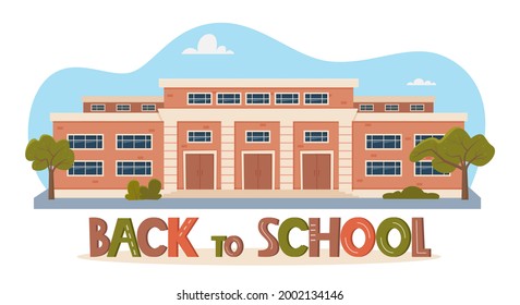 Back To School concept. Modern School Building Exterior. Facade of high school building with large windows. Design for flyer, banner, card. Vector illustration