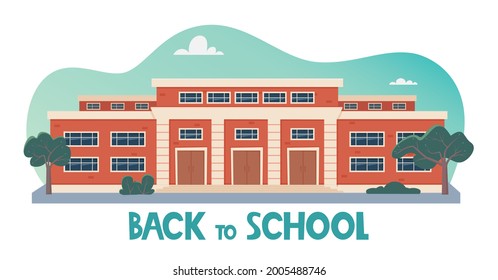 Back To School concept. Modern School Building Exterior. Facade of high school building with large windows. Design for flyer, banner, card. Vector illustration