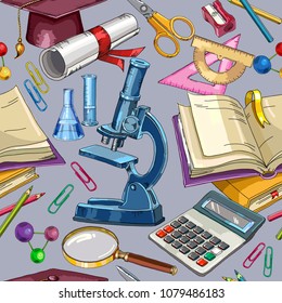 Back to school concept. Modern education elements seamless pattern. Open book of knowledge
