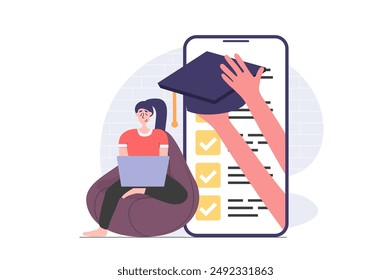 Back to school concept in modern flat design for web. Student learning online and studying distantly at laptop, passes exam in mobile application and getting graduation cap. Vector illustration.