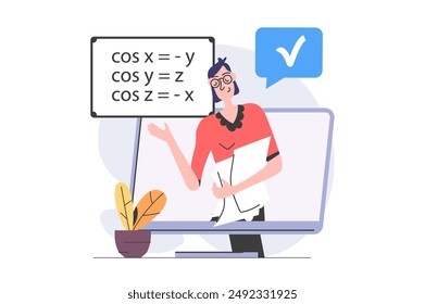 Back to school concept in modern flat design for web. Teacher explaining math lesson information in video for online students, making mathematics tutorials for remote class. Vector illustration.
