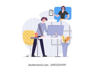 Back to school concept in modern flat design for web. Student learning online and watching video lessons with explaining teacher, studying distantly, doing homework at computer. Vector illustration.