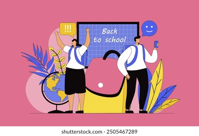 Concepto de regreso a la escuela con diseño plano moderno para el Web. Colegiala y colegiala con mochila yendo al aula con pizarra, aprendiendo en lecciones y estudiando en seminarios. Ilustración vectorial.