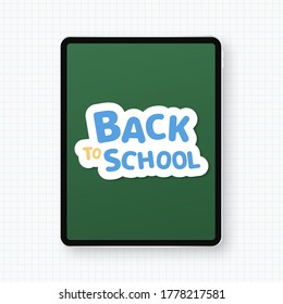 Back to school concept with modern tablet isolated on grid background.