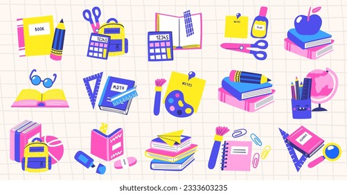 De vuelta a la escuela objetos de concepto establecidos con manzana, bola, lápiz, tijeras, pegamento, gafas, marcador, borrador, papel de nota, mochila, brocha, calculadora, libros. Señales de doodle dibujadas a mano para la educación.