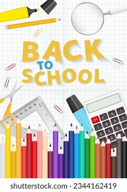 Back to School concept with school office supplies. Vector background.