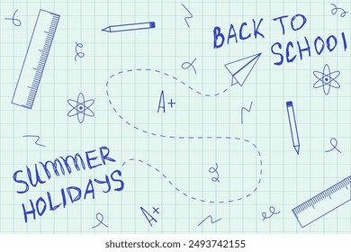 Back to School concept on checkered notebook sheet. Trendy Doodle hand drawn style Back to School background. Simple scribble vector illustration can used web social media study banner poster. EPS 10