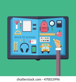 Back to school concept with open book and flat icons