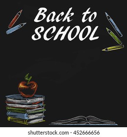 Back to school concept with opened book, apple and books stack on a blackboard background. Chalk drawing, vector illustration