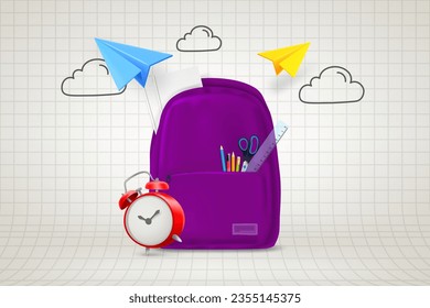 Back to school concept with paper planes, school bag and doodle elements. 3d vector illustration