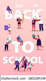 Back to School Concept. Parents with Student Kids and Teacher Characters in Medical Masks with Supplies for Studying and Disinfection. Education Poster Banner Flyer. Cartoon People Vector Illustration