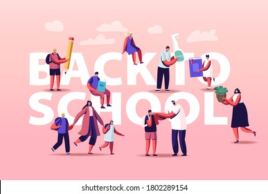 Back to School Concept. Parents with Student Kids and Teacher Characters in Medical Masks with Supplies for Studying and Disinfection. Education Poster Banner Flyer. Cartoon People Vector Illustration