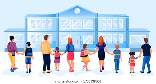 Back to school concept. Parents walk with their children by the hand to school, back view. Vector flat cartoon illustration