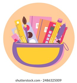 Back to school concept. School pencil case with stationery on an isolated background. Flat vector illustration isolated 