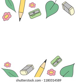 Back to school concept. Pencil, eraser and sharpener. Cute hand drawn illustration vector. 