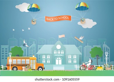 Back to school concept with PENCILS,RULER,ERASER in the wooden basket and tied with white rope parachute from the sky coming to the school.vector and illustration.