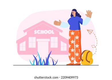 Back to school concept with people scene in the flat cartoon style. Girl returns to school after summer vacation. Vector illustration.