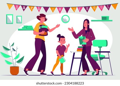Zurück zur Schule Konzept mit Menschen-Szene in der flachen Cartoon-Design. Das Mädchen kehrte nach den Ferien zu seiner Lehrerin zurück. Vektorgrafik.
