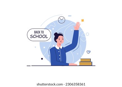 Zurück zur Schule Konzept mit Menschen-Szene in der flachen Cartoon-Design. Der Lehrer trifft seine Schüler im Schulbüro nach den Ferien. Vektorgrafik.