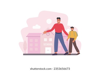 Back to school concept with people scene in the flat cartoon design. Joyful dad takes his son to school after a long summer vacation. Vector illustration.