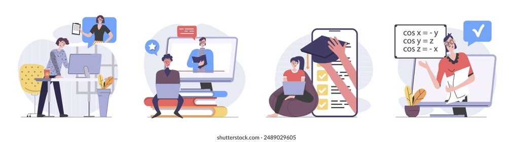 Back to school concept with people scenes set in flat web design. Collection of character situation with students learning online, watching video lessons, graduating study. Vector illustrations.