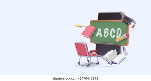 Back to school concept poster in 3d realistic style with book, chair, blackboard, pencil. Vector illustration