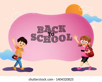 Cartel o cartel conceptual de regreso a la escuela con ilustración de niños y niñas yendo a la escuela.