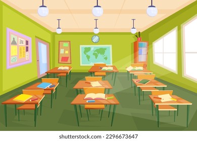Back to school concept poster. Empty classroom interior in elementary or high school. Nobody at desk tables on lesson. World map on the wall. Clock shows that it's time for class. Vector illustration