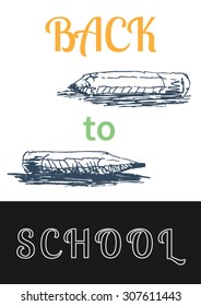 Back to school concept in poster, flyer or template with text, in engraving etching sketch hand drawing style, for school education and stationery supplies design
