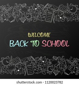 Back to school - concept of a poster with text and funny sketch. Vector.