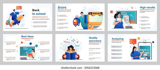 Back to school concept for presentation slide template. Pupils go to lessons, schoolgirls and schoolboys study. Students learning, receive education at college. Vector illustration for layout design