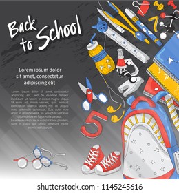 Back to school. The concept of school products. Suitable for graphic design, web banners, printing. Vector illustration on the theme of education, knowledge, learning