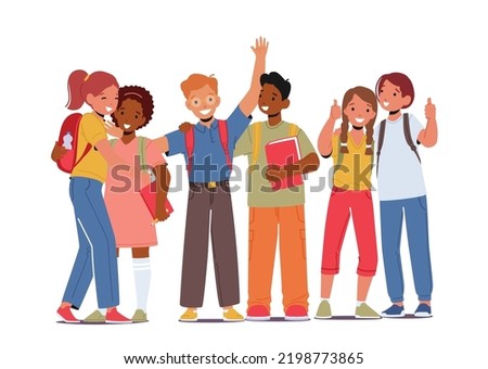 Back to School Concept with Pupils Boys and Girls with Backpacks and Textbooks Stand in Row. Happy Children Students Back to School, Isolated Kids Characters Group. Cartoon People Vector Illustration